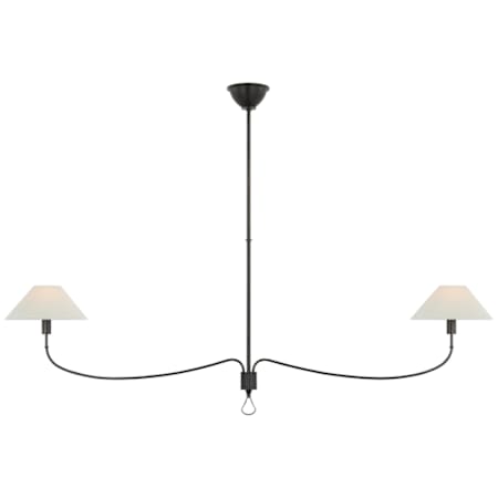 Visual Comfort Griffin 2 Light 62" Wide Linear Chandelier with White Linen Shades Bronze / Chocolate Leather
