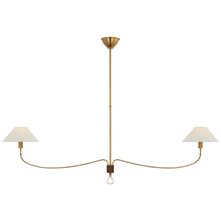 Visual Comfort Griffin 2 Light 62" Wide Linear Chandelier with White Linen Shades Hand-Rubbed Antique Brass / Saddle Leather