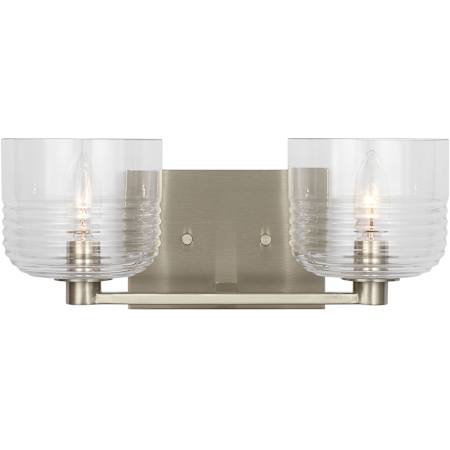 Visual Comfort Lochdale 2 Light 15" Wide Vanity Light with Clear Ribbed Glass Shades Brushed Nickel