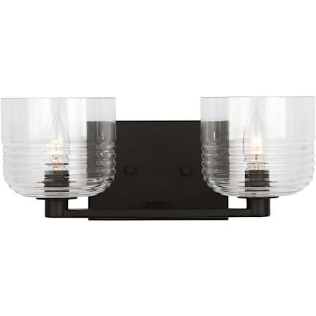 Visual Comfort Lochdale 2 Light 15" Wide Vanity Light with Clear Ribbed Glass Shades Midnight Black