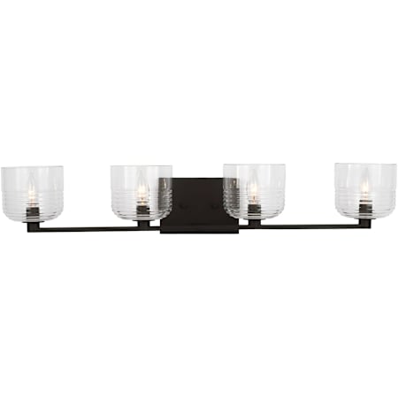 Visual Comfort Lochdale 4 Light 34" Wide Vanity Light with Clear Ribbed Glass Shades Midnight Black