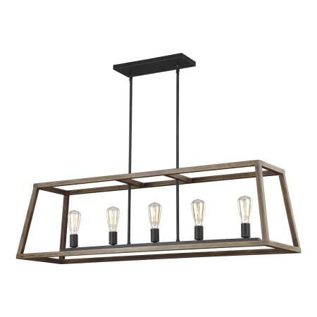 Visual Comfort Gannet 5 Light 50" Wide Linear Chandelier Weathered Oak Wood / Antique Forged Iron