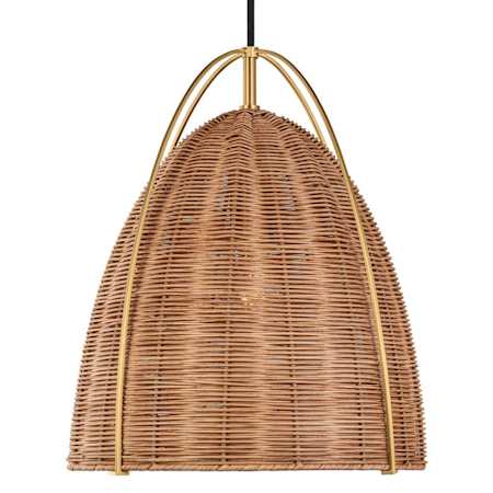 Visual Comfort Norman 13" Wide Burnished Brass Pendant with Woven Rattan Shade Blonde Rattan