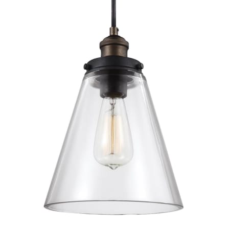 Visual Comfort Baskin 12" Tall Mini Pendant with Clear Glass Shade Painted Aged Brass / Dark Weathered Zinc