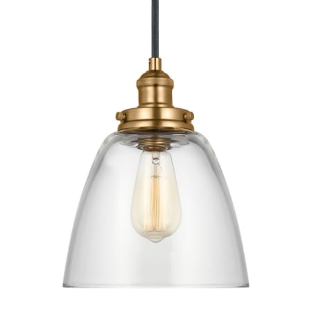 Visual Comfort Baskin 11" Tall Mini Pendant with Clear Glass Shade Satin Brass