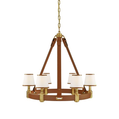 Visual Comfort Riley 6 Light 36" Wide Chandelier Natural Brass / Saddle Leather