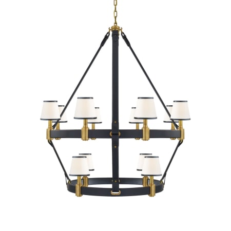 Visual Comfort Riley 12 Light 48" Wide Chandelier Natural Brass / Navy Leather