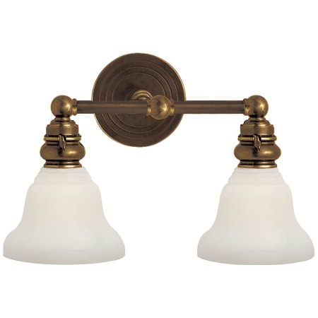 Visual Comfort Boston 15" Double Sconce with White Glass by E.F. Chapman Hand Rubbed Antique Brass