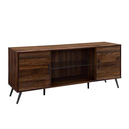 Walker Edison Elise 60" Wide Mid-Century Modern TV Stand with Tempered Glass Shelf and Cabinet Storage Dark Walnut