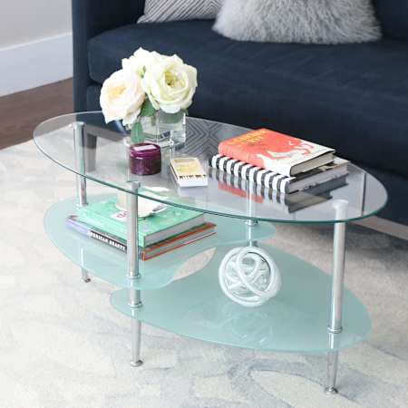 Walker Edison Orbit 38" Wide Retro Modern Glass Cocktail Coffee Table Glass / Silver