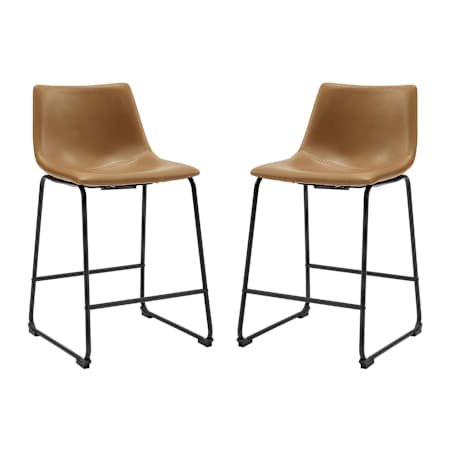Walker Edison Karson Set of (2) 18" Wide Industrial Leather Counter Stool Set Whiskey Brown
