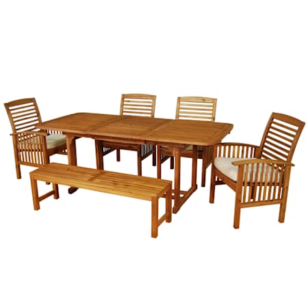 Walker Edison Dewey Beach 6 Piece Modern Acacia Framed Outdoor Dining Set with Polyester Upholstered Seats and Extendable Table Acacia
