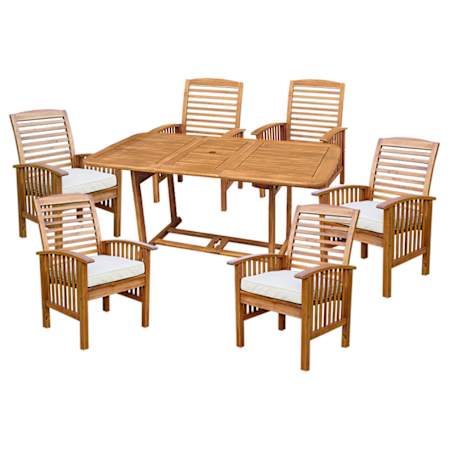 Walker Edison Dewey Beach 7 Piece Acacia Framed Outdoor Dining Set with Polyester Upholstered Seats and Butterfly Extension Acacia
