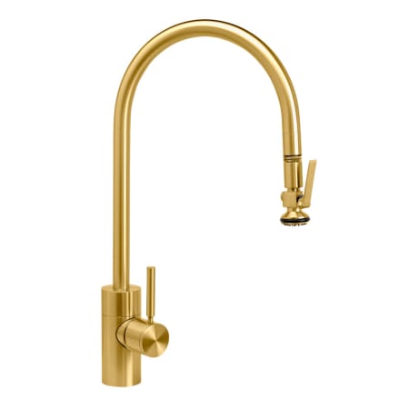 Waterstone Transitional 1.75 GPM Single Hole Extended Reach Pull Down Kitchen Faucet with Lever Handle Satin Brass