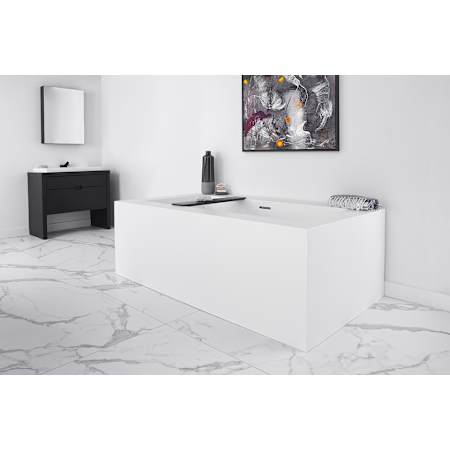 WETSTYLE CUBE 72" Free Standing Back Wall WETMAR BiO Composite Soaking Tub with Center Drain Assembly and Overflow Less Trim Apollo White Matte / Brushed Nickel Trim