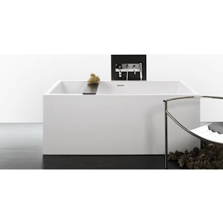 WETSTYLE CUBE 62" Free Standing Back Wall WETMAR BiO Composite Soaking Tub with Center Drain Assembly and Overflow Less Trim Apollo White Matte / Brushed Nickel Trim