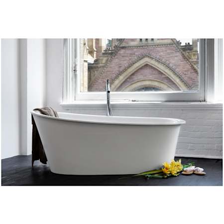 WETSTYLE Tulip 65" Free Standing WETMAR BiO Composite Soaking Tub with Left Orientation, Center Drain Assembly with Copper Fittings, and Overflow Less Trim Apollo White Dual / Brushed Nickel Trim