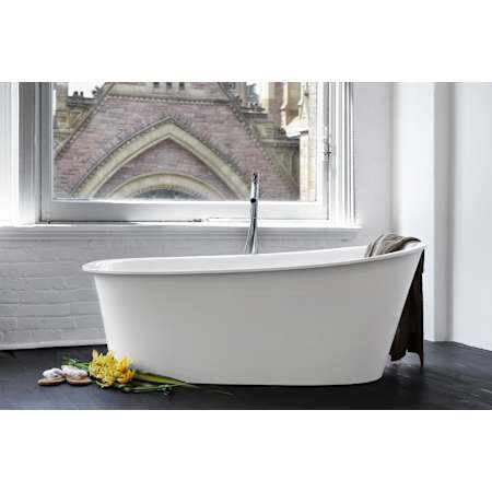WETSTYLE Tulip 65" Free Standing WETMAR BiO Composite Soaking Tub with Right Orientation, Center Drain Assembly with Copper Fittings, and Overflow Less Trim Apollo White Dual / Brushed Nickel Trim
