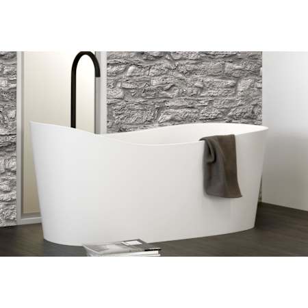 WETSTYLE Wave 58" Free Standing WETMAR BiO Composite Soaking Tub with Reversible Drain Assembly with Copper Fittings and Overflow Less Trim Apollo White Matte / Brushed Nickel Trim