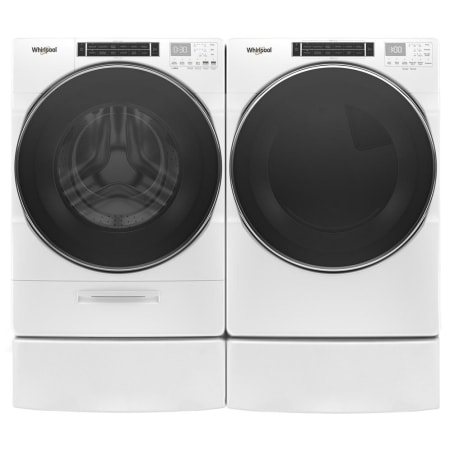 Whirlpool 27 Inch Wide 5 Cu. Ft. Electric Washer and 27 Inch Wide 7.4 Cu. Ft. Gas Dryer Laundry Pair with Load & Go™ XL Plus Dispenser and Pedestal White