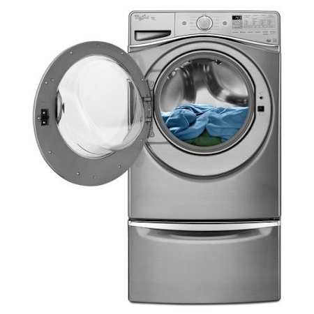 Whirlpool-WFW95HED-WED95HED-Washer With Door Open And Pedestal In Diamond Steel