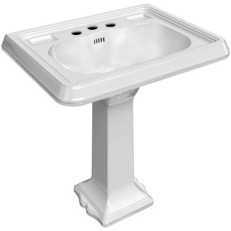 Whitehaus 28-3/4" Rectangular Vitreous China Pedestal Bathroom Sink with Overflow and 3 Faucet Holes at 8" Centers White