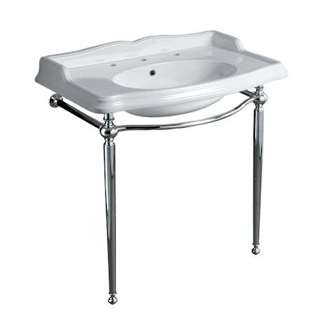 Whitehaus Britannia 35" Specialty Vitreous China Wall Mounted Console Bathroom Sink with 3 Faucet Holes at 8" Centers White / Chrome