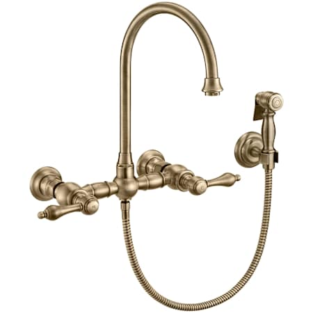 Whitehaus Vintage III Plus 1.5 GPM Widespread Wall Mount Kitchen Faucet with Gooseneck Swivel Spout and Solid Brass Side Spray Antique Brass