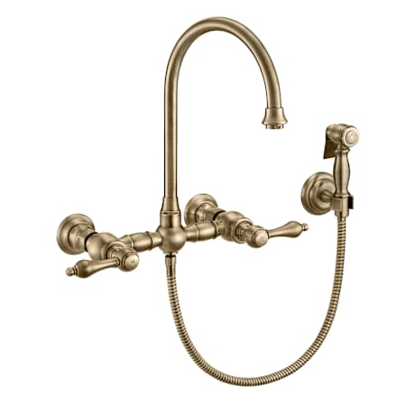 Whitehaus Vintage III Plus 1.5 GPM Widespread Wall Mount Kitchen Faucet with Gooseneck Swivel Spout and Solid Brass Side Spray Antique Brass