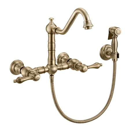 Whitehaus Vintage III Plus 1.5 GPM Widespread Wall Mount Kitchen Faucet with Traditional Swivel Spout and Solid Brass Side Spray Antique Brass