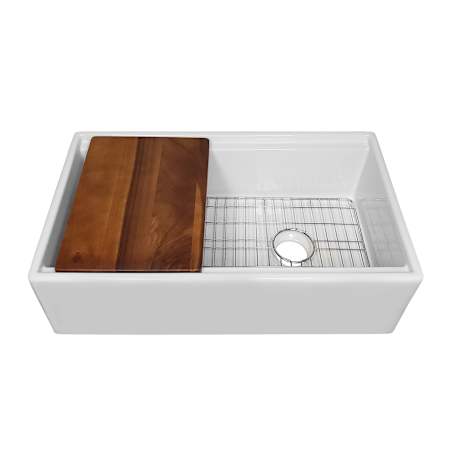 Whitehaus Fireclay 30" Farmhouse Single Basin Fireclay Kitchen Sink with Basin Rack and Cutting Board White