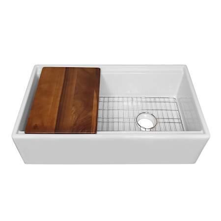 Whitehaus Fireclay 33" Farmhouse Single Basin Fireclay Kitchen Sink with Basin Rack and Cutting Board White