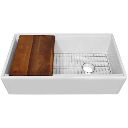 Whitehaus Fireclay 36" Farmhouse Single Basin Fireclay Kitchen Sink with Basin Rack and Cutting Board White