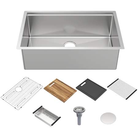 Whitehaus 30" Undermount Single Basin Stainless Steel Modern Kitchen Sink with Basin Rack, Basket Strainer, Colander and Cutting Board Brushed Stainless Steel