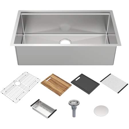 Whitehaus 33" Undermount Single Basin Stainless Steel Modern Kitchen Sink with Basin Rack, Basket Strainer, Colander and Cutting Board Brushed Stainless Steel