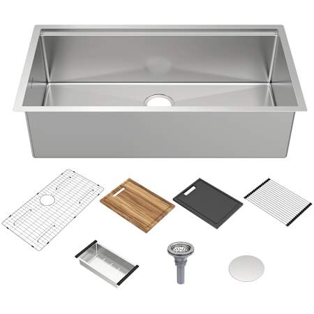 Whitehaus 36" Undermount Single Basin Stainless Steel Kitchen Sink with Basin Rack, Basket Strainer, Colander and Cutting Board Brushed Stainless Steel