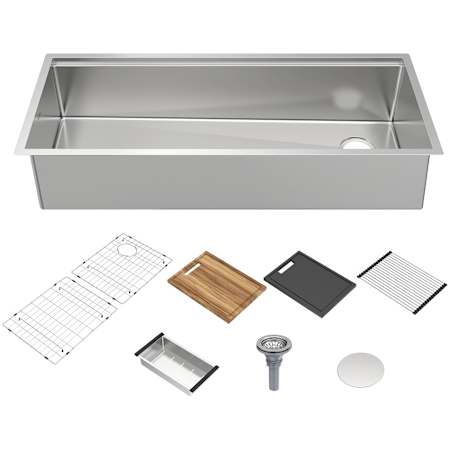 Whitehaus 45" Undermount Single Basin Stainless Steel Kitchen Sink with Basin Rack, Basket Strainer, Colander and Cutting Board Brushed Stainless Steel