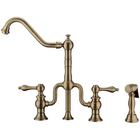 Whitehaus Twisthaus Plus 1.5 GPM Widespread Bridge Kitchen Faucet - Includes Side Spray Antique Brass