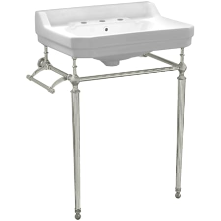 Whitehaus Victoriahaus 23-1/2" Rectangular Ceramic Lavatory Console Sink with Console, 3 faucet holes at 8" centers, and Towel Bar White / Brushed Nickel