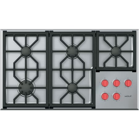 Finish: Wolf Pro 36 Inch Wide 5 Burner Professional Liquid Propane Cooktop Stainless Steel