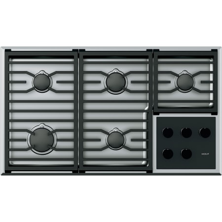 Finish: Wolf 36 Inch Wide 5 Burner Transitional Liquid Propane Cooktop Stainless Steel