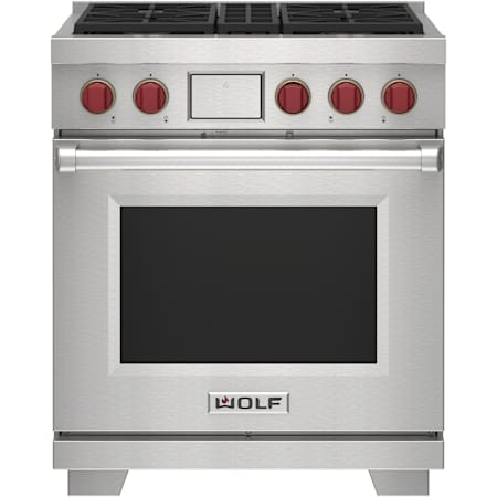Finish: Wolf 30 Inch Wide 5.1 Cu. Ft. Free Standing Dual Fuel Range with Gourmet Mode and Self Clean Stainless Steel