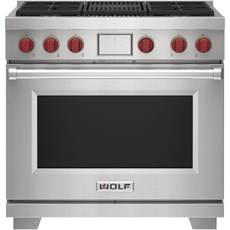 Finish: Wolf 36 Inch Wide 6.3 Cu. Ft. Free Standing Dual Fuel Range with Char Broiler and Gourmet Mode Stainless Steel