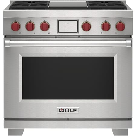 Finish: Wolf 36 Inch Wide 6.3 Cu. Ft. Free Standing Dual Fuel Range with Gourmet Mode and Dual VertiFlow™ Convection System Stainless Steel