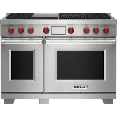 Finish: Wolf 48 Inch Wide 7.8 Cu. Ft. Free Standing Dual Fuel Range with Char Broiler and Gourmet Mode Stainless Steel