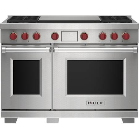 Finish: Wolf 48 Inch Wide 7.8 Cu. Ft. Free Standing Dual Fuel Range with Double Griddle and Dual VertiFlow™ Convection System Stainless Steel