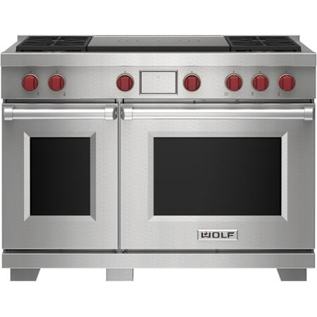 Finish: Wolf 48 Inch Wide 7.8 Cu. Ft. Free Standing Dual Fuel Range with French Top and Gourmet Mode Stainless Steel