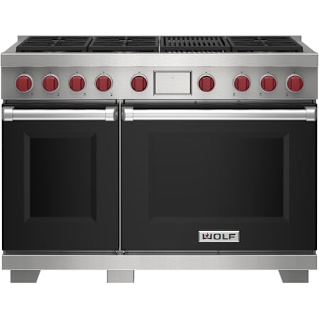 Finish: Wolf 48 Inch Wide 7.8 Cu. Ft. Free Standing Dual Fuel Range with Char Broiler and Timed Cook Black