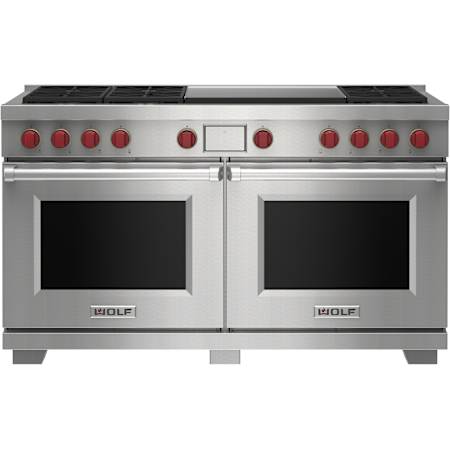 Finish: Wolf 60 Inch Wide 10.2 Cu. Ft. Free Standing Dual Fuel Range with Double Griddle and Dual VertiFlow™ Convection System Stainless Steel