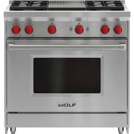 Finish: Wolf 36 Inch Wide 5.5 Cu. Ft. Free Standing Liquid Propane Range with Infrared Griddle Stainless Steel